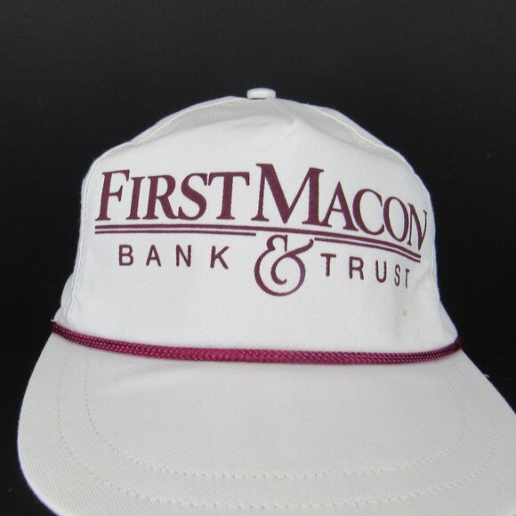 First Macon Bank & Trust Graphic Logo Men White Wide Brim Adj Strap Back Cap Hat - Picture 1 of 9